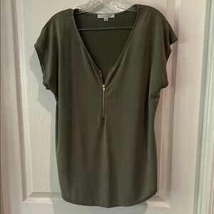 Olive Green Quarter Sleeve Zip up Blouse